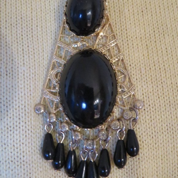 BLACK & GOLD TONE 2-STRAND PENDANT NECKLACE (K22) - Picture 2 of 5